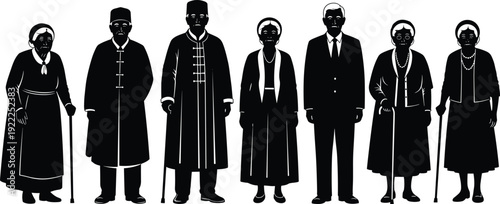 Seven elderly people standing in a row wearing traditional and formal attire with canes and smiling