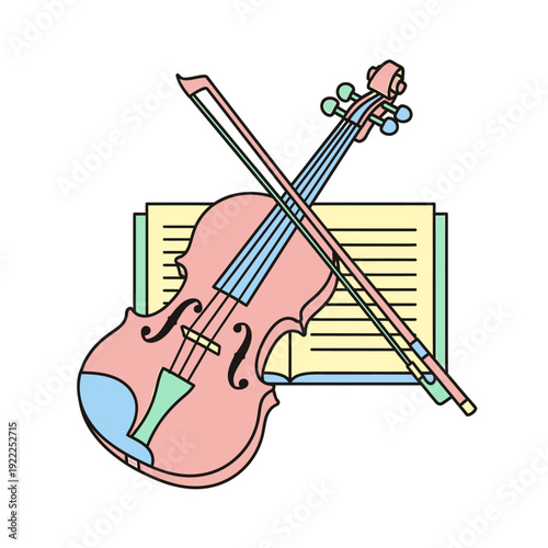 A violin and bow resting on a sheet of music, capturing a serene moment of musical preparation and creative expression.