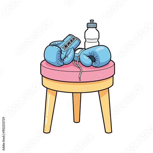 Boxing gloves and a water bottle on a stool in a training environment from a frontal viewpoint.