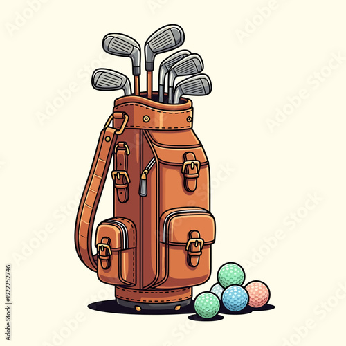 Golf bag filled with clubs and balls on the ground, viewed from the side
