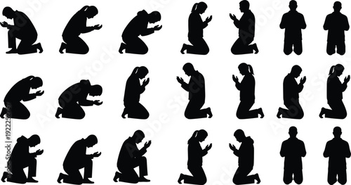 Collection of praying people silhouettes, Muslim man and woman kneeling in prayer pose, Islamic worship concept isolated on white background