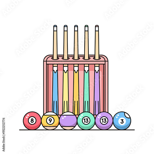 Six colorful snooker cues and six numbered balls arranged in a rack on a plain background viewed from the front