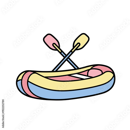 A colorful inflatable raft with crossed paddles floating on calm water, viewed from above, serene lake scene illustration