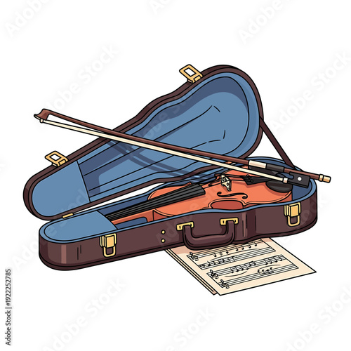A violin and bow placed inside an open case with sheet music nearby on a plain surface