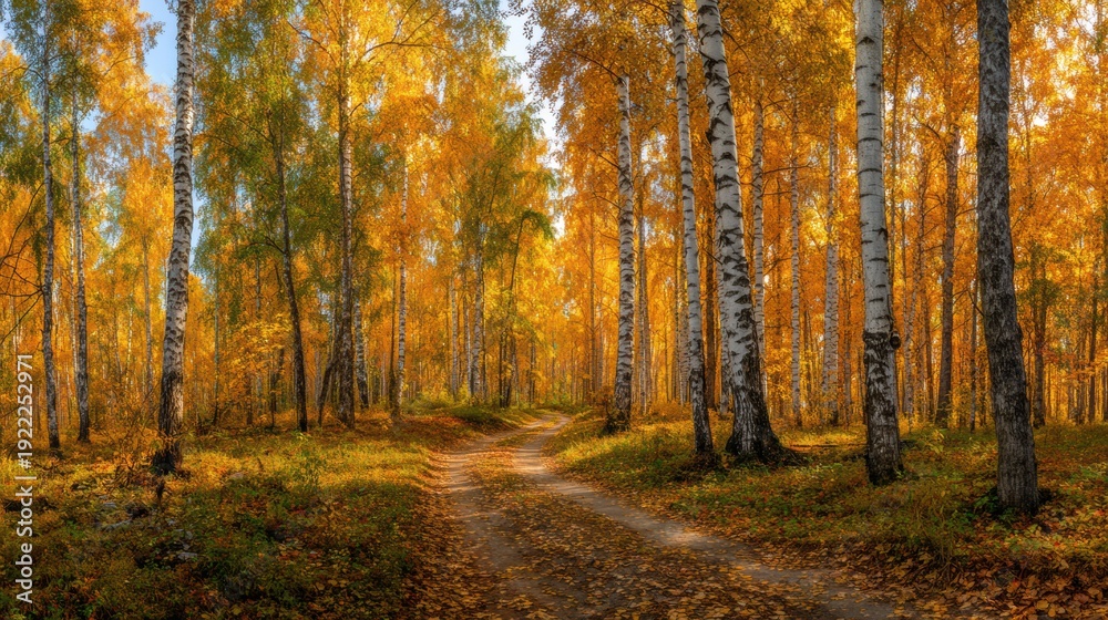 Fototapeta premium Birch Trees in a Dense Forest With Golden Leaves and a Winding Path During Autumn Season