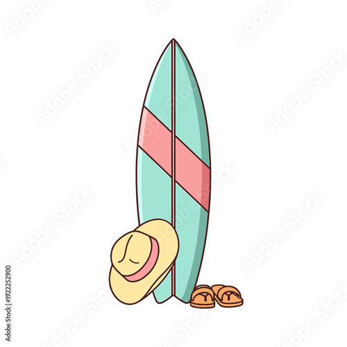 Vibrant surfboard with hat and flipflops resting on the sandy beach from a casual viewpoint