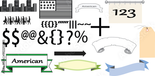 A collection of various symbols and icons on a white background