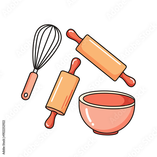 Baking utensils and bowl arranged neatly on a clean surface from a top-down viewpoint