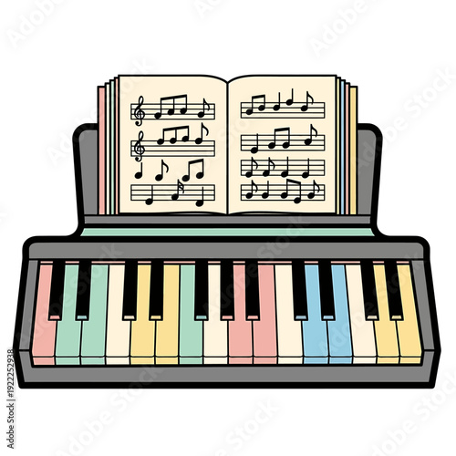 A colorful illustration of a piano keyboard with sheet music on display