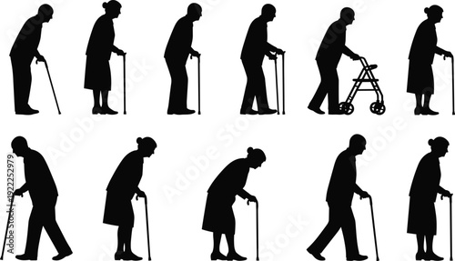 Silhouettes of elderly people walking with canes and walkers in black and white