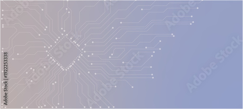 White circuit board pattern on blue tech background with glowing connection lines and nodes. Digital technology spider web with dew drops