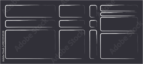Frame brush rectangle set. Frame rectangle border brush stroke with chalk rough line and square shape. set of black and white buttons