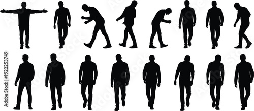 Silhouettes of people in various standing and walking poses against a white background