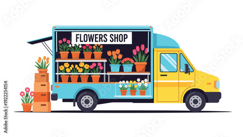 Bright yellow and blue flower shop delivery truck parked and filled with many colorful potted plants and blooming flowers.