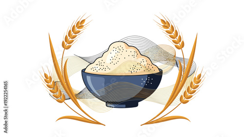 Simple bowl of white flour or grain surrounded by golden stalks of wheat with an abstract wavy background in a classic style.