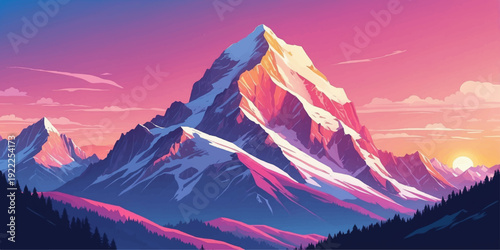 Beautiful alpine mountain landscape with snowy peaks glowing under a colorful sunrise and sunset sky