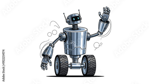 Friendly silver robot on large wheels waving its mechanical hand in a greeting gesture in a modern science fiction style.