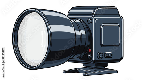 Professional medium format digital camera body with a large high-quality lens shown in a perspective studio view.
