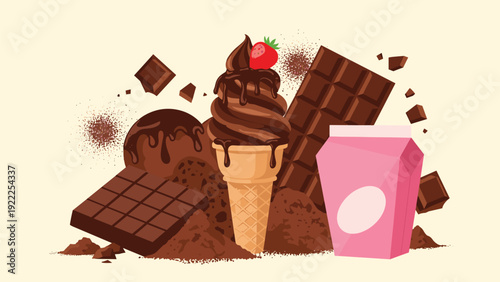 Decadent chocolate swirl soft serve ice cream cone surrounded by cocoa powder chocolate bars and a fresh red strawberry.