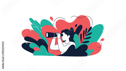 Woman in white searching through binoculars surrounded by abstract green and red foliage on a white background.