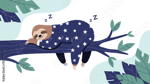 Cute sloth wearing star patterned pajamas sleeping peacefully on a tree branch surrounded by vibrant tropical jungle leaves.