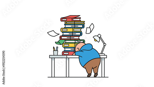 Exhausted person sleeping on desk with towering books. Overwork, study stress, burnout, fatigue concept illustration.