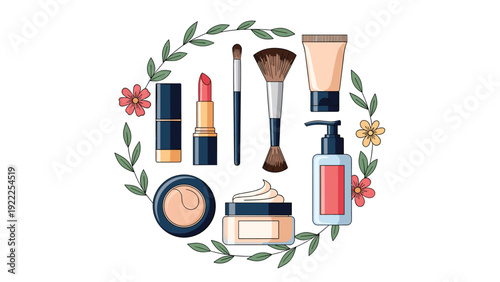 Collection of various cosmetics and skincare items like lipstick, brushes, and cream arranged in a floral wreath.