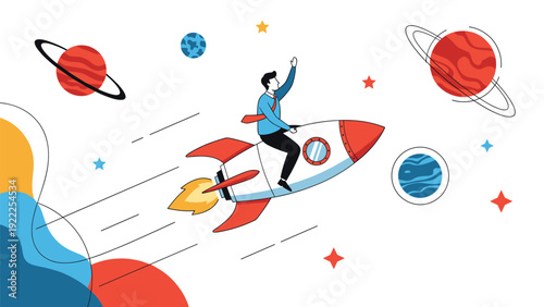 Ambitious businessman riding a rocket through outer space past planets and stars representing rapid career success.