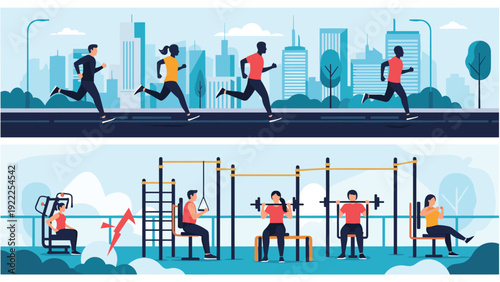Two horizontal banners showing people running on a city street and working out at an outdoor community gym park.