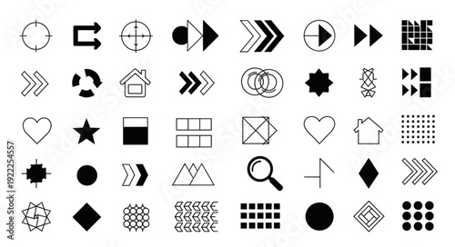 Collection of various black and white icons for web design and user interface elements.