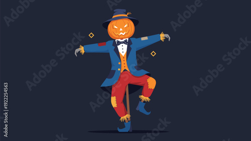 Spooky yet stylish scarecrow with a jack-o-lantern head wearing a blue suit and dancing for the festive halloween night.