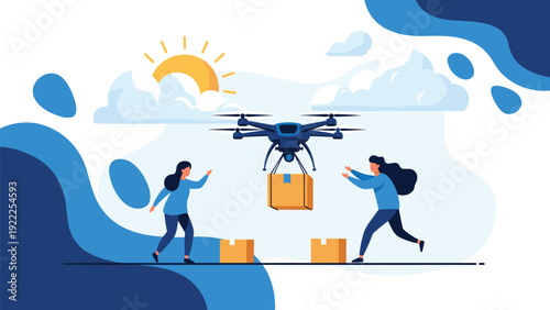 High-tech drone delivering packages to people on a sunny day with blue abstract shapes in the background for logistics.