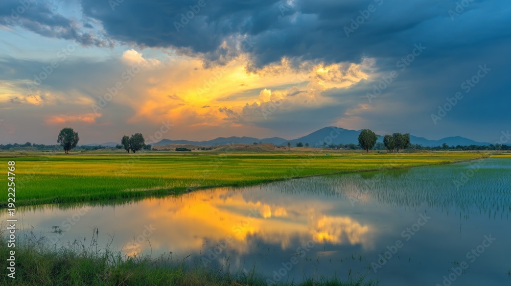 Obraz premium Serene Evening Landscape with Lush Green Rice Fields and Dramatic Cloudy Sky Reflected in Tranquil Water Near Mountains at Sunset
