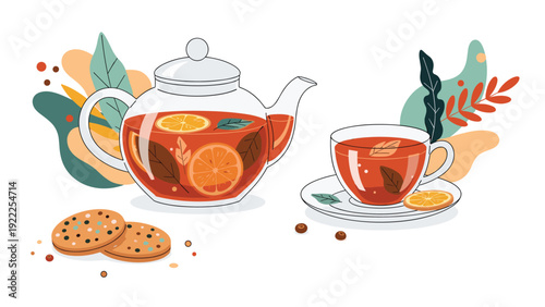 Glass teapot and cup filled with citrus herbal tea served with chocolate chip cookies on a clean white background.