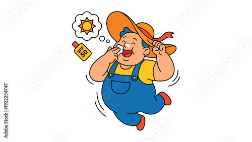 Happy cartoon man applying sunscreen to nose, thinking of sun. Summer skin protection and care illustration.