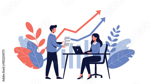 Two business professionals reviewing reports in front of rising statistical charts and vibrant tropical plants.