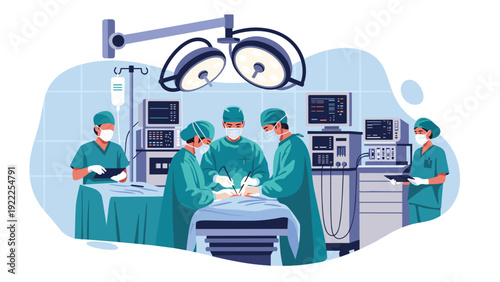 Team of surgeons in blue scrubs performing a medical procedure under bright lights in a modern operating room.