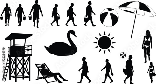Silhouettes of people walking, beach and a swan on a white background umbrella