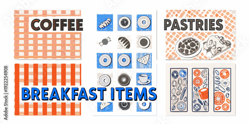 Collage of vintage style signs advertising coffee pastries and breakfast