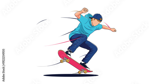 Energetic skateboarder performing a high jump trick with a pink skateboard against a white background with motion lines.