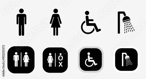 Public restroom and facility icon set featuring universal symbols.