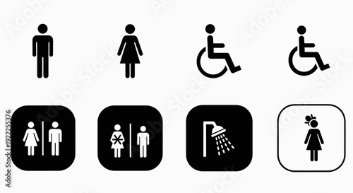 Public restroom and facility icon set featuring universal symbols.