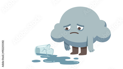 Sad cartoon cloud character with broken glass and spilled water on the floor, symbolizing disappointment or misfortune.