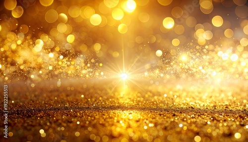 Shimmering gold bokeh and glitter particles emanate from a bright central light source