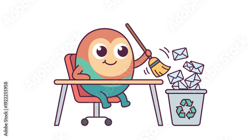 Cute Character Sweeping Emails into Recycle Bin for Digital Decluttering and Inbox Management