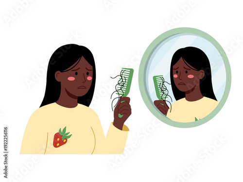 Sad woman with hairloss looks at comb full of hair strands in front of mirror showing concern and worry about hairloss
