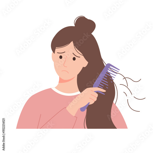 Woman with hairloss combing hair with worried expression showing hair fall problem and hair care concern