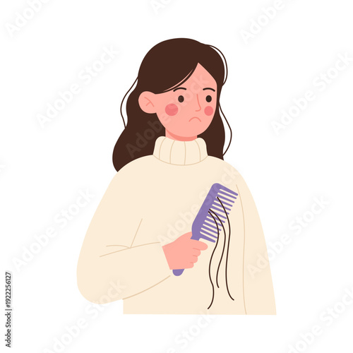 Hairloss concern shown by woman holding comb with hair strands falling out feeling worried and sad about hairloss