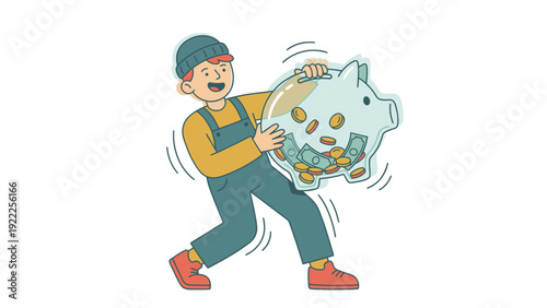 Happy person shaking a transparent piggy bank full of money. Savings and financial success concept.