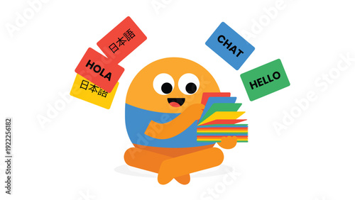 Happy cartoon character learning multiple languages with colorful flashcards, symbolizing global communication and education.